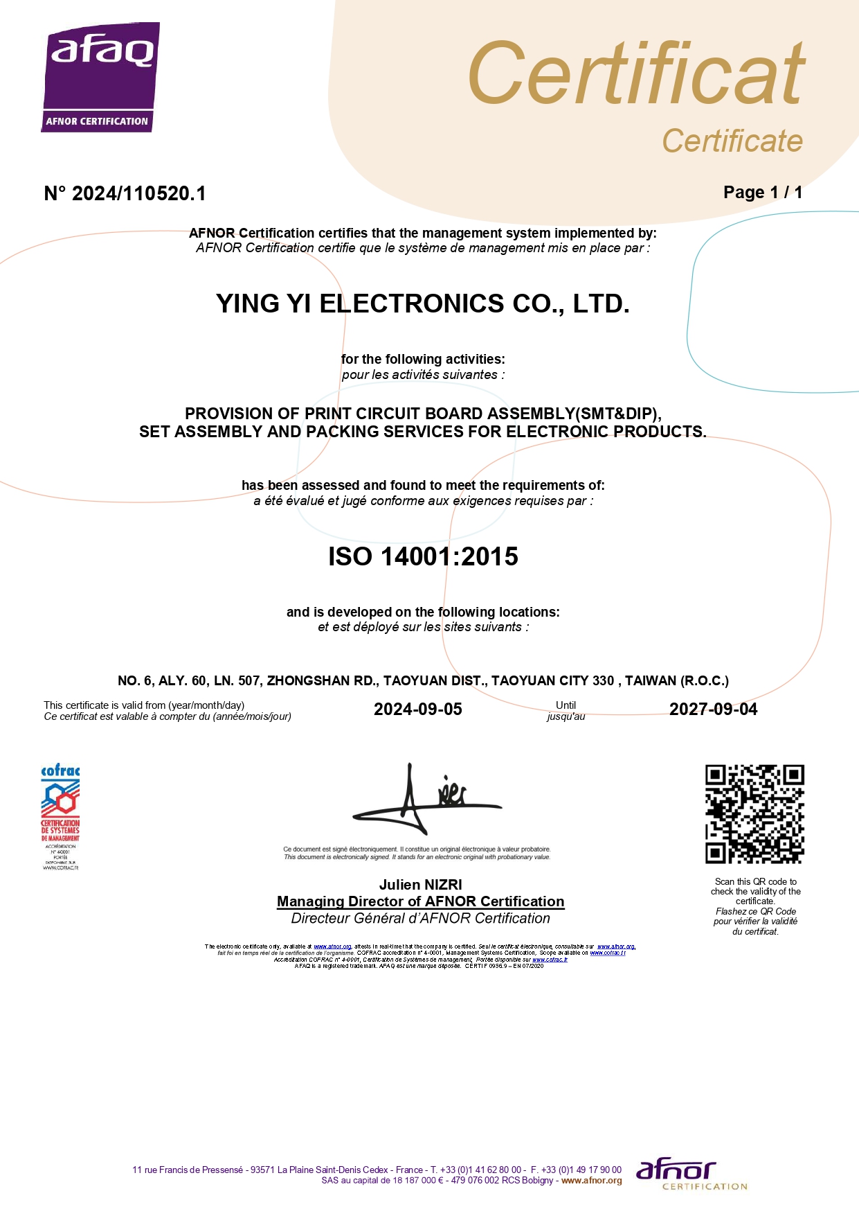 ISO 14001：2015 Certificate